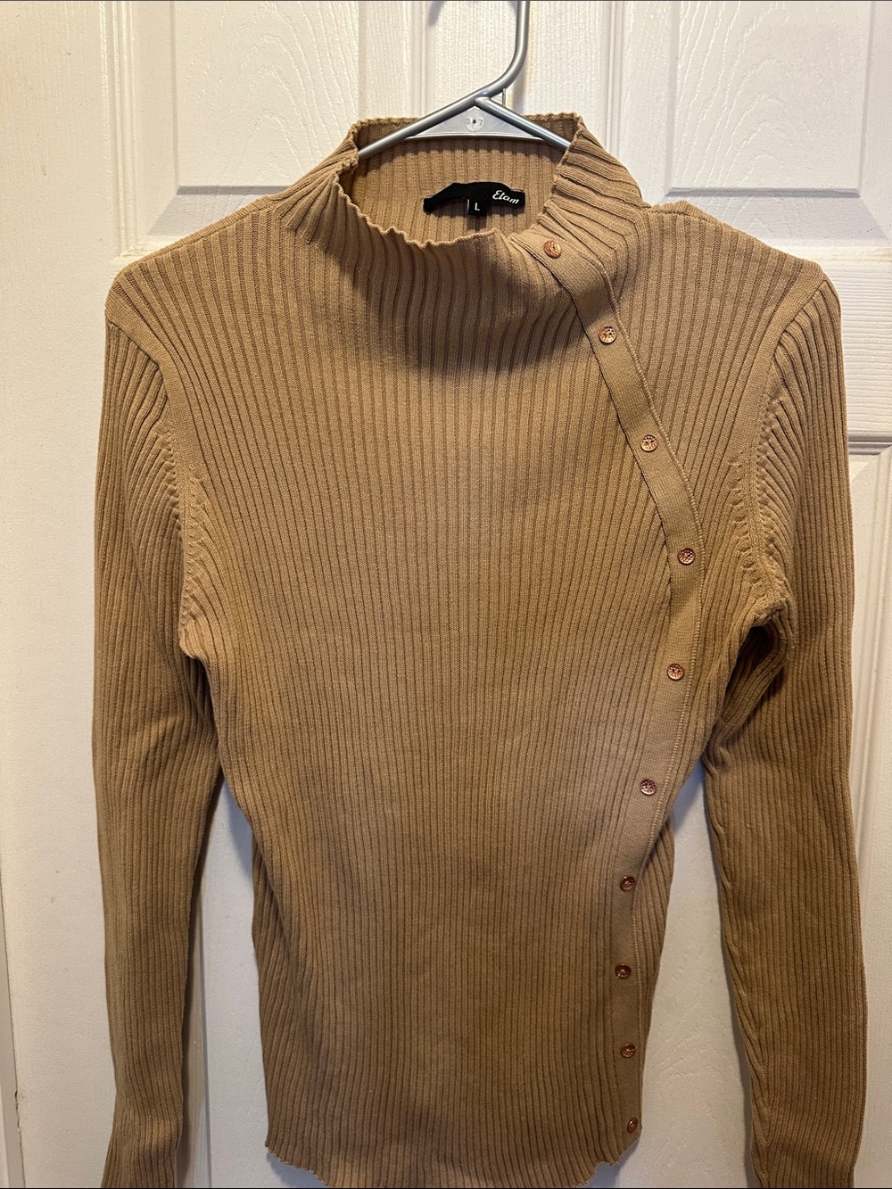 Etam Tan Ribbed Button-Detail Turtleneck Sweater